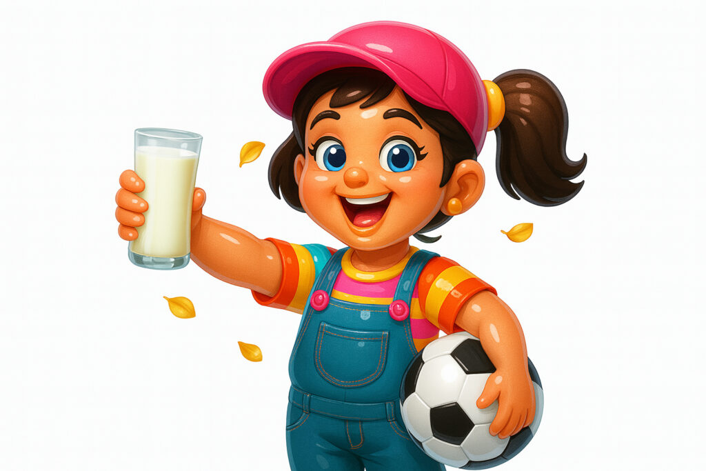 3D Cartoon Girl with Milk and Soccer Ball