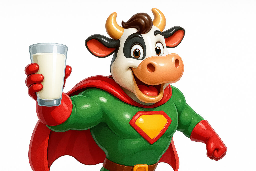 A cheerful 3D cartoon cow wearing a green and red superhero costume