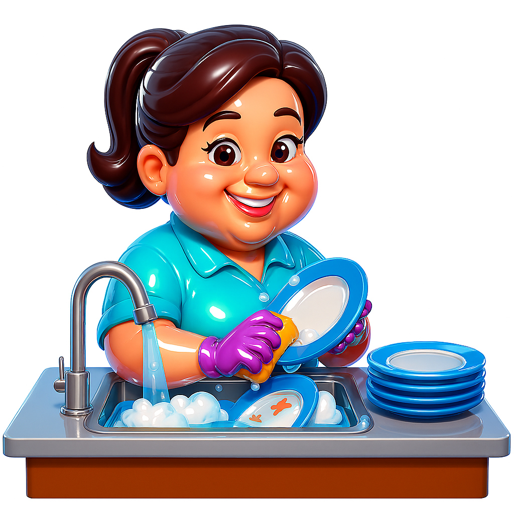 Cheerful 3D Cartoon Caricature of Dishwashing Lady