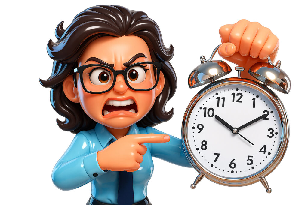 businesswoman angrily pointing at an oversized alarm clock
