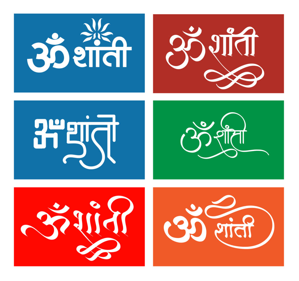 Om Shanti logo in Hindi calligraphy font, Translation of non eng