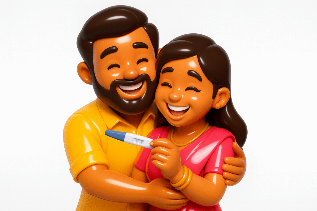 Celebrating Positive Pregnancy Test in 3D Cartoon Style – Joyful Family Moment