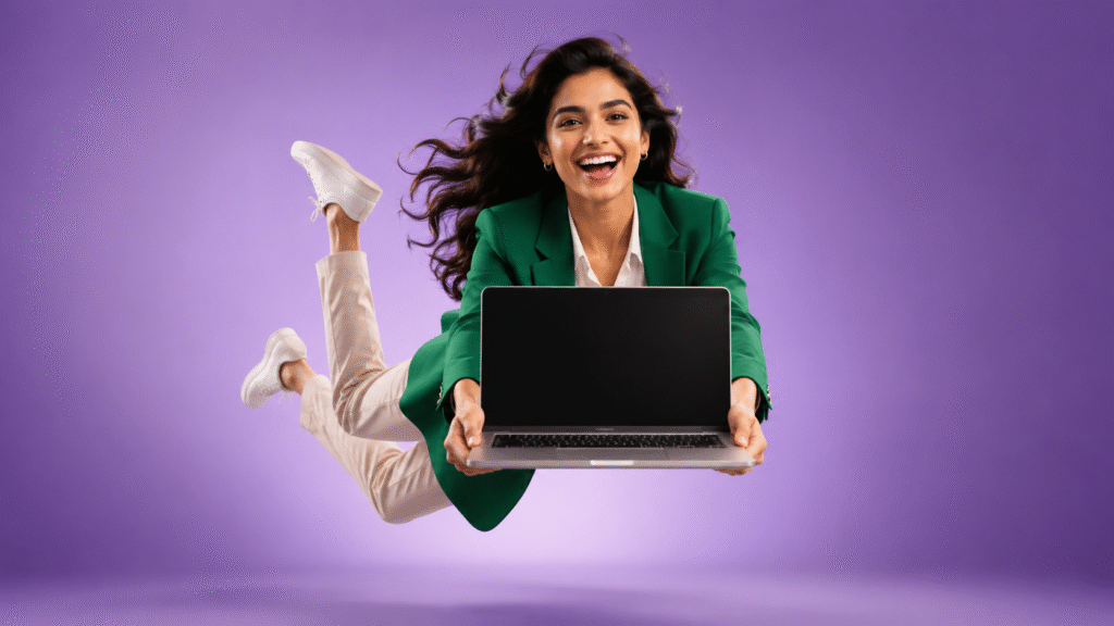 Man Jumping with Notebook Mockup Screen – Free Commercial Use Photo