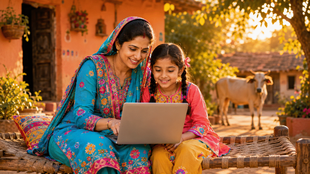 Free Indian Village Mother and Daughter with Laptop Stock Photo