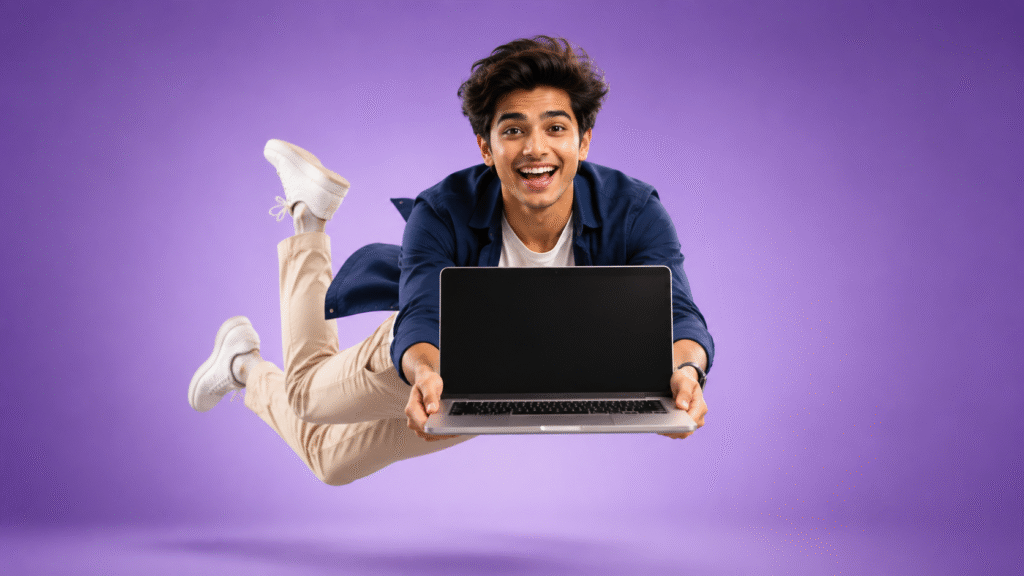 Free Man Floating with Laptop Stock Photo – High Quality Download