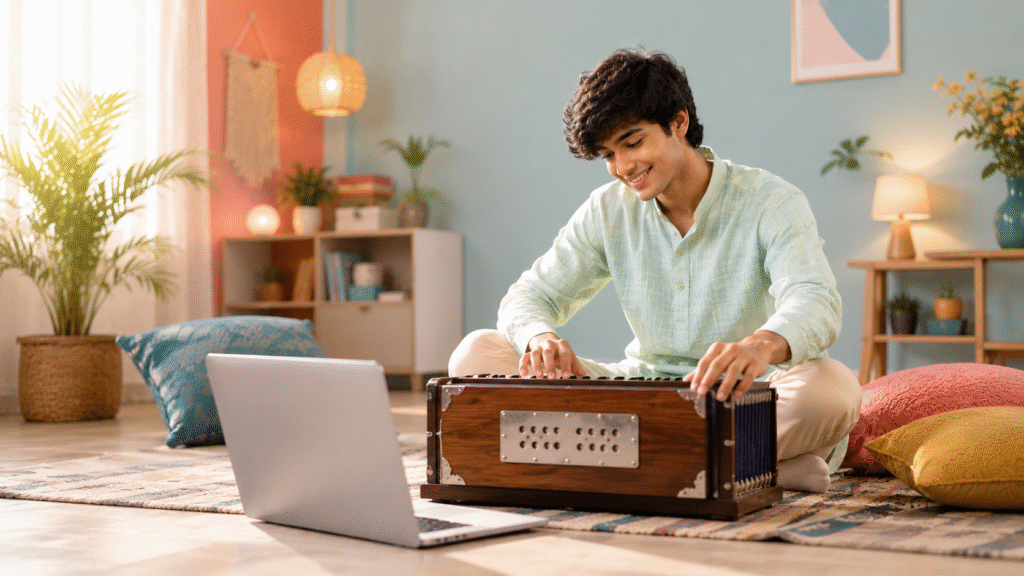 Young Musician Practicing Harmonium via Laptop Video Class