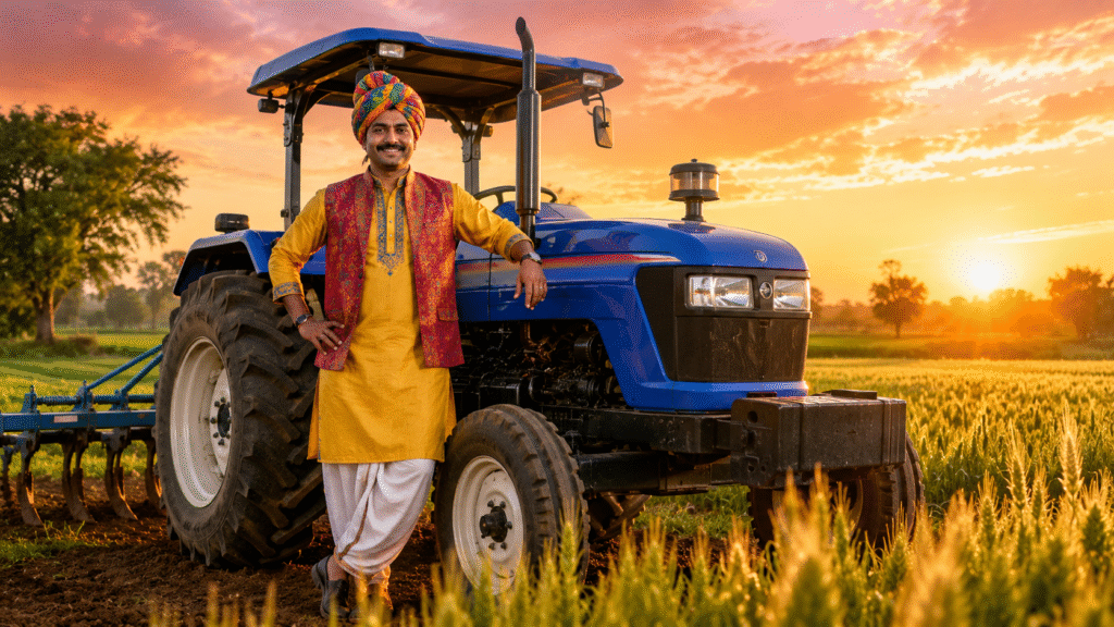 Traditional Indian Farmer with Modern Blue Tractor – Free Commercial Use