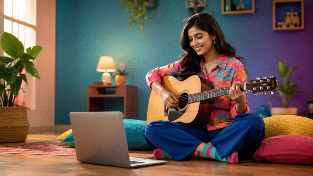 Indian Girl Playing Guitar at Home Stock Photo