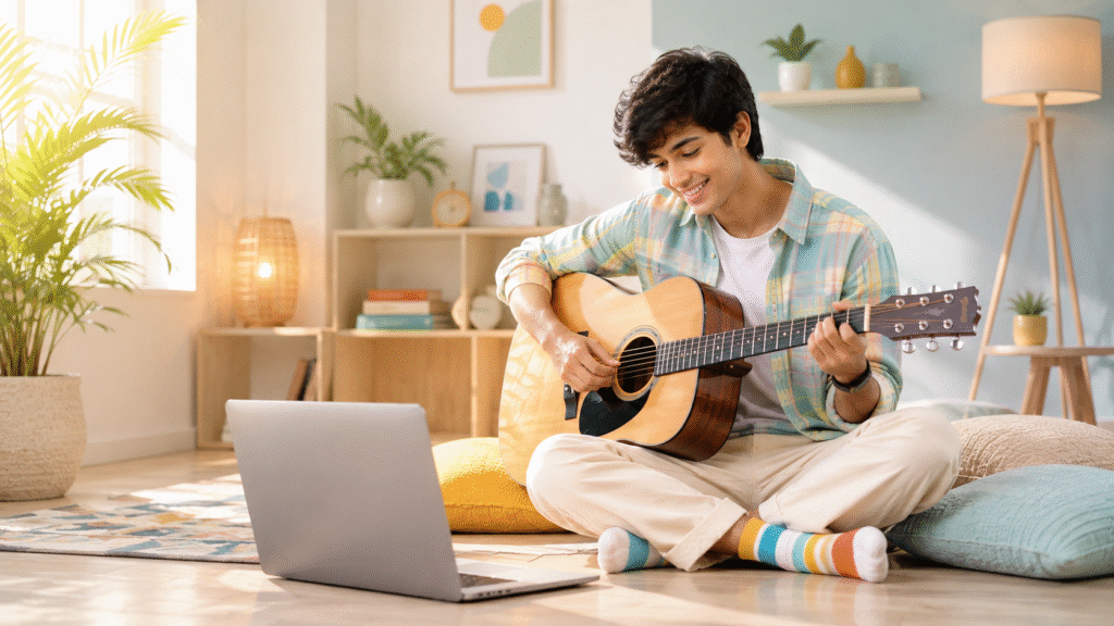 Happy Indian Man Playing Guitar in Cozy Living Room