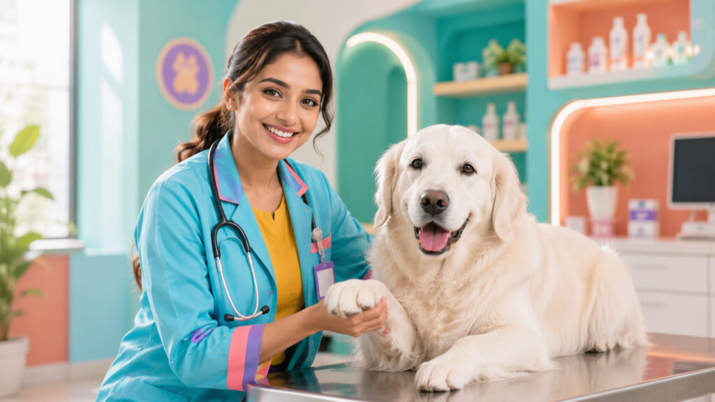 Indian Female Vet Holding Golden Retriever Paw – Free Creative Asset