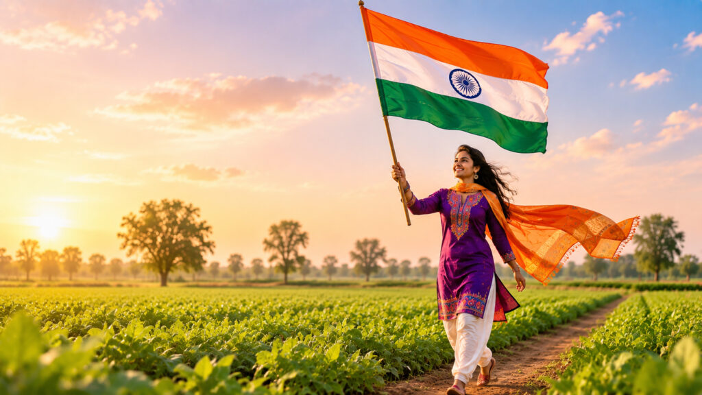 Free High-Res Image of Indian Woman Holding Tiranga at Sunset