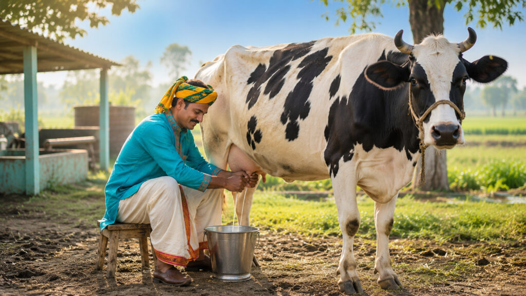 Smiling Indian Milkmaid with Jersey Cow – Free Visual Asset