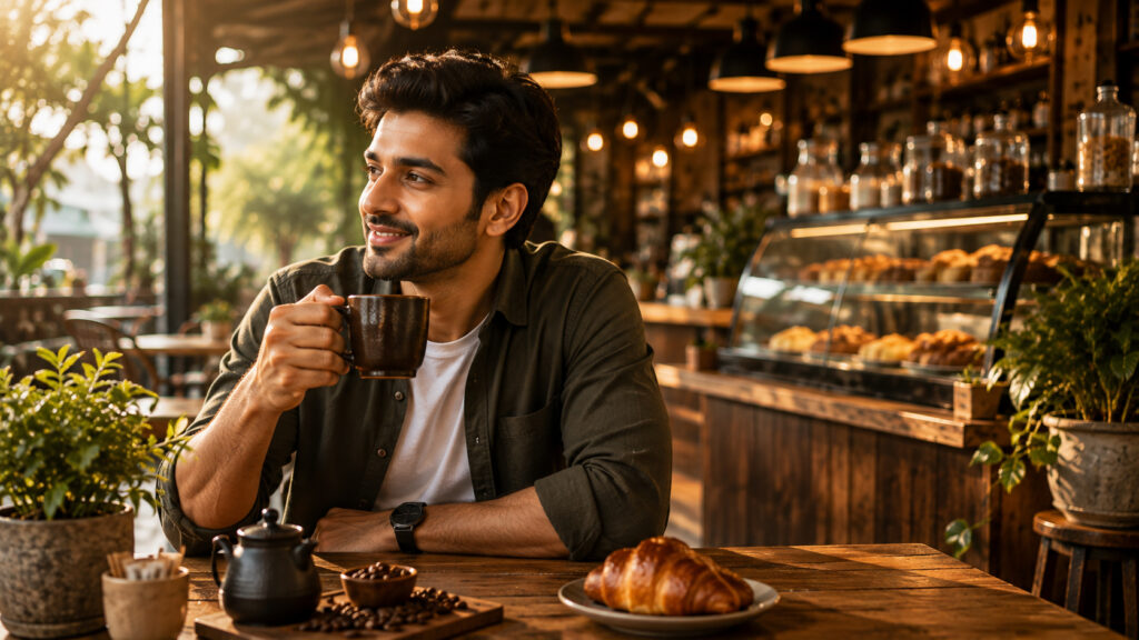 Happy Indian Man Holding Coffee Mug Looking Outside – Free Download