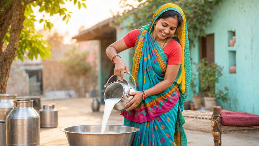 Smiling Indian Woman Milking Cow in Village – Free Stock Image
