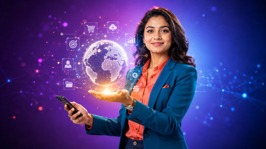 Smiling Indian Female Entrepreneur Tech Concept – Free Visual Asset