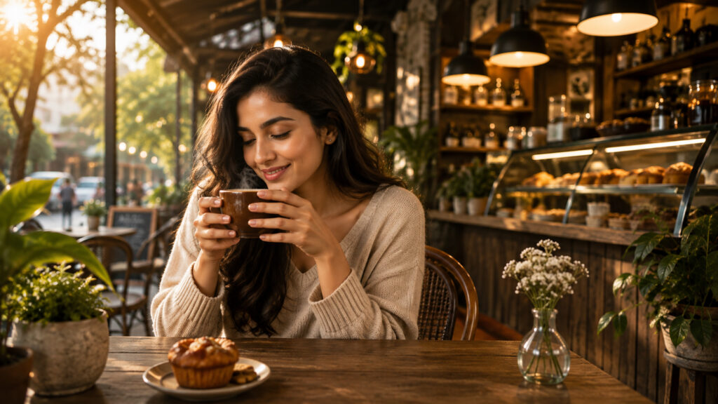 Smiling Cafe Customer with Beautiful Pastry and Latte – Free Picture