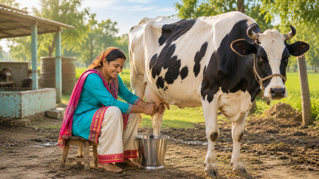 Smiling Village Woman Pouring Milk into Container – Free Commercial Use