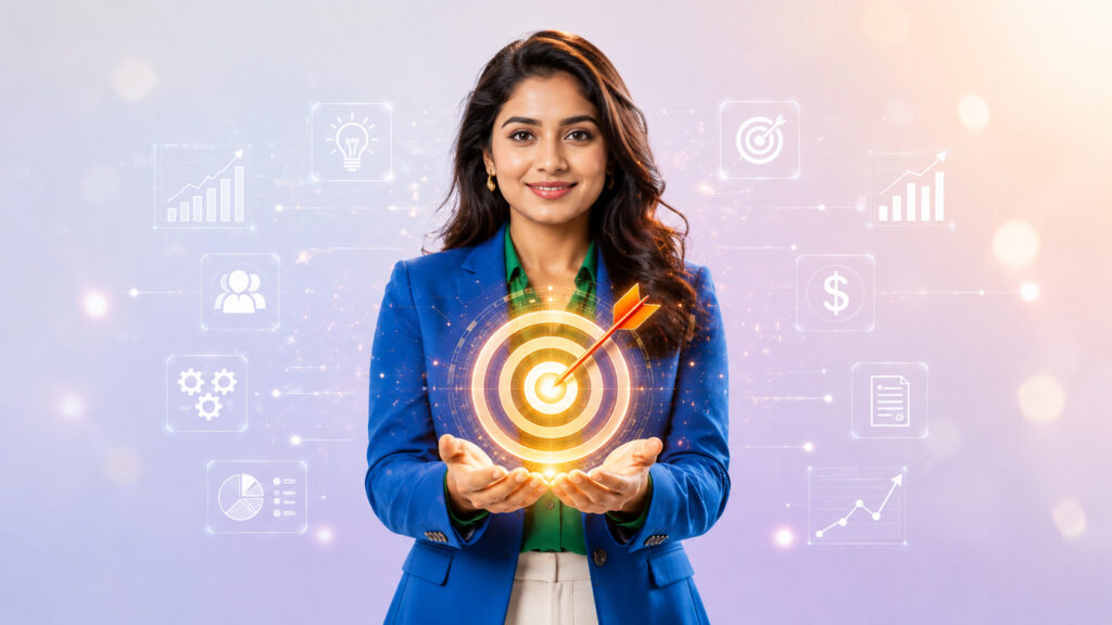 Business Professional Displaying Glowing Target Dart – Free Download