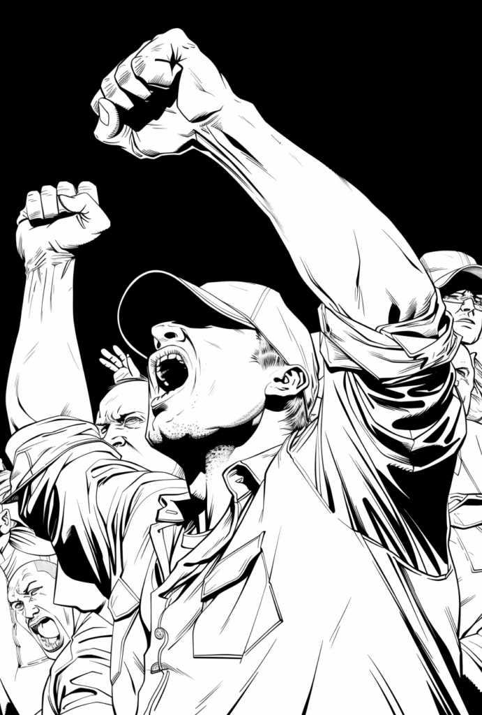 Rebel Man Shouting with Fist in the Air – Free Comic Book Line Art