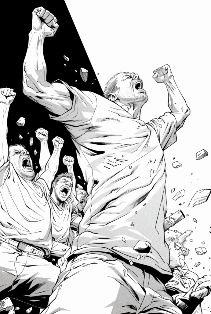 Man Raising Both Fists in Defiance Drawing – Free Creative Asset