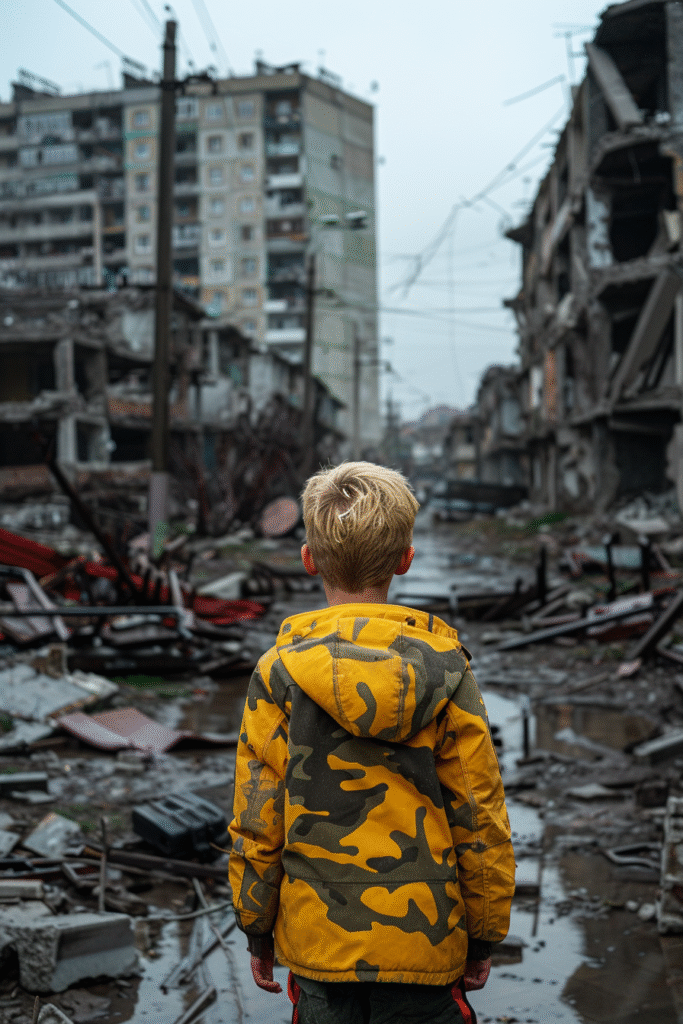 Free Stock Photo of Rubble and Ruined Buildings with Lonely Kid
