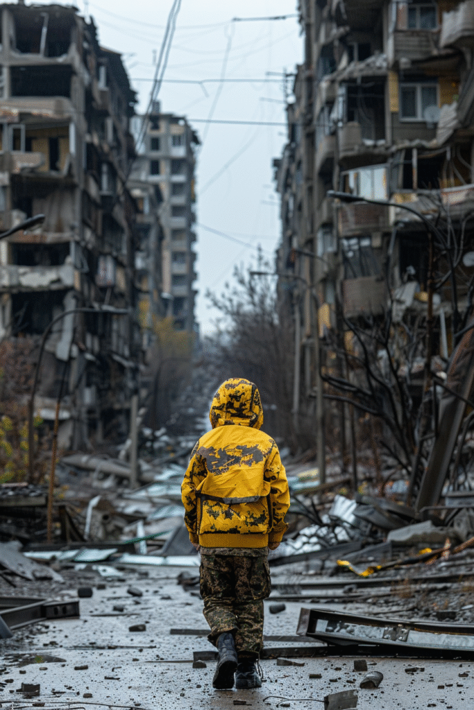 Young Boy Standing with Teddy Bear After Disaster – Free Download
