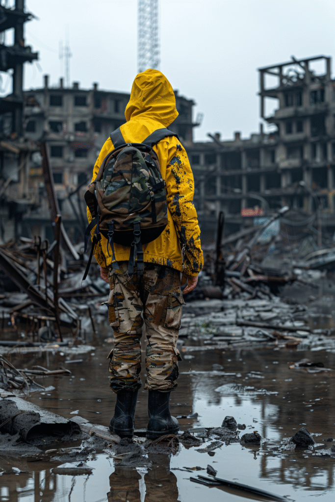 Back View of Boy in Yellow Camo Hoodie Facing Ruined Buildings – Free Photo