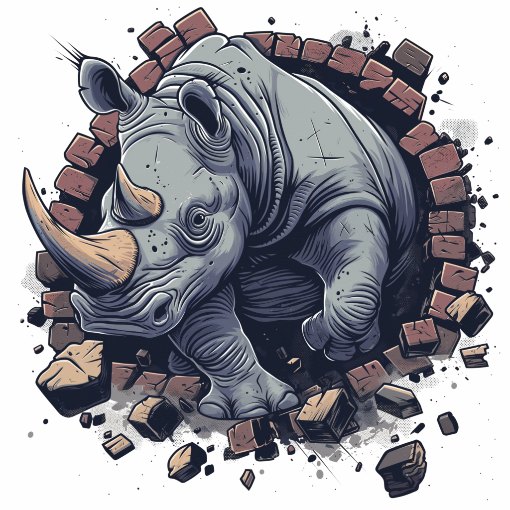 Angry Rhinoceros Smashing Brick Wall Graphic – Free Mascot Asset