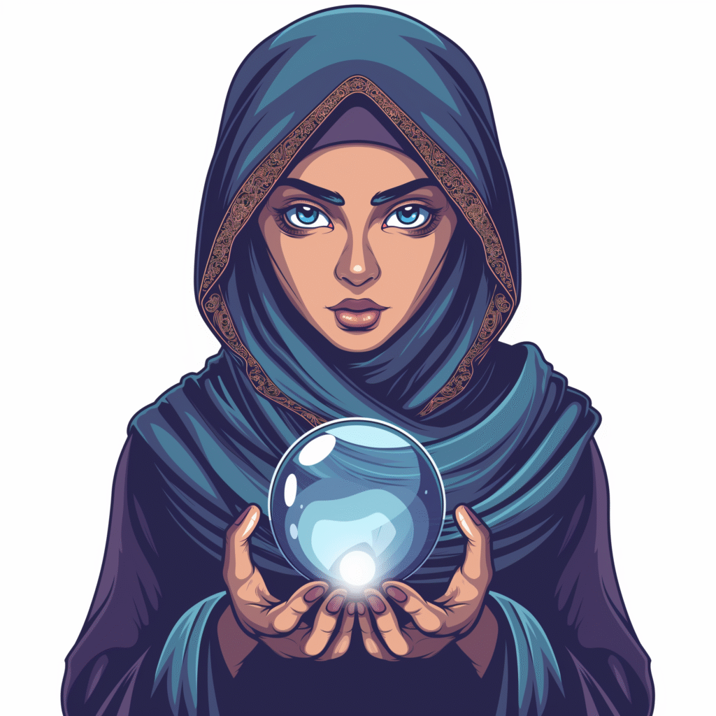 Hijab fantasy character with glowing crystal ball