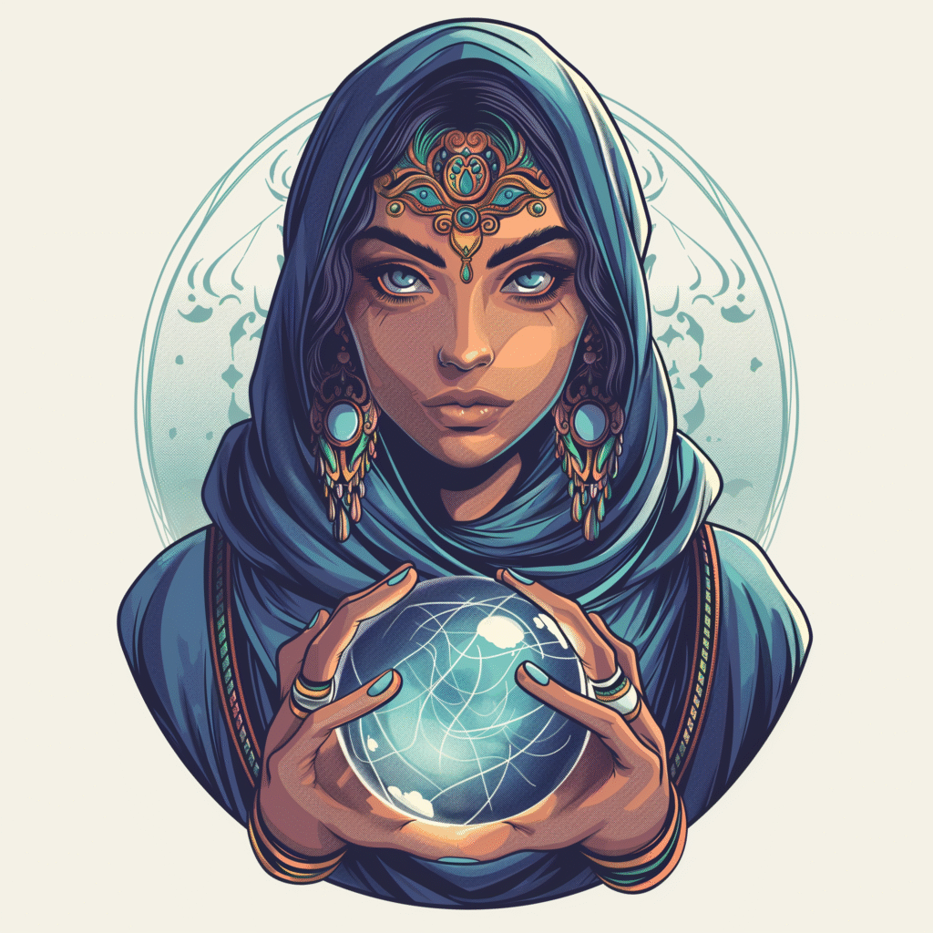Modern hijab psychic predicting future cartoon character